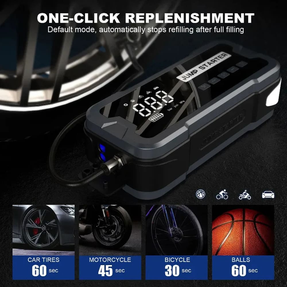 AxiaTool 4 in 1 portable jump starter with air pump, featuring a compact design and multiple function buttons.