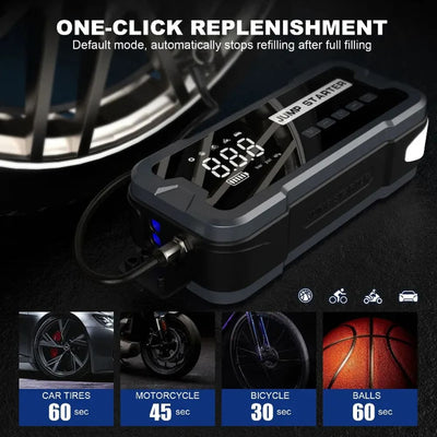 AxiaTool 4 in 1 portable jump starter with air pump, featuring a compact design and multiple function buttons.