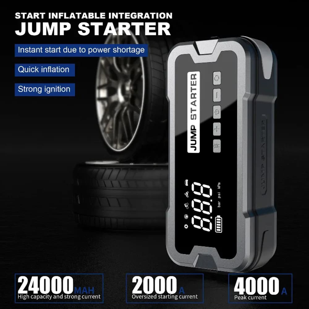 AxiaTool 4 in 1 portable jump starter with air pump, showcasing compact design and various functionalities for automotive use.