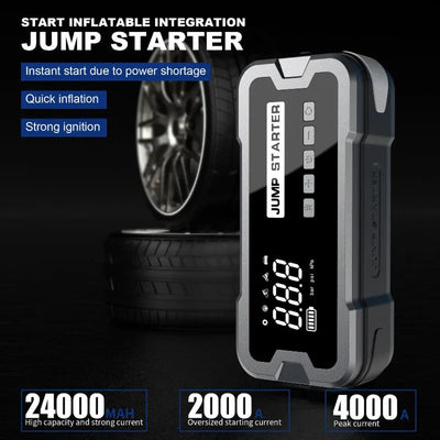AxiaTool 4 in 1 portable jump starter with air pump, showcasing compact design and various functionalities for automotive use.
