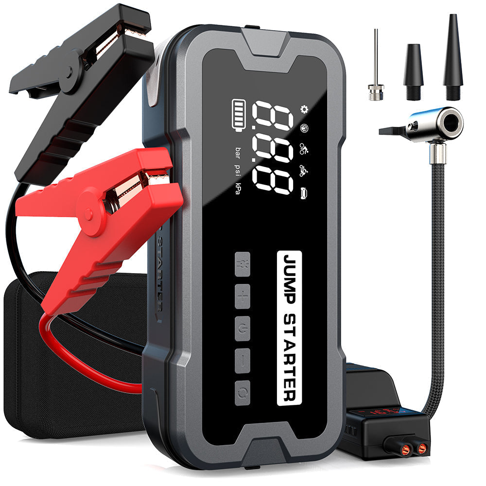 AxiaTool 4 in 1 Portable Jump Starter with Air Pump Pro, featuring compact design and multiple functionalities for vehicles.