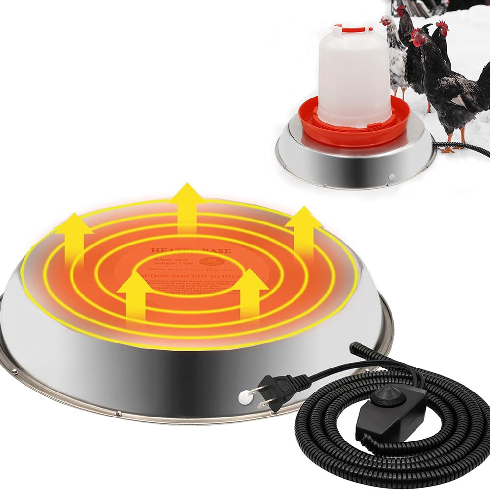 Heated base for poultry chicken drinker by AxiaTool, designed for winter use to keep water from freezing.
