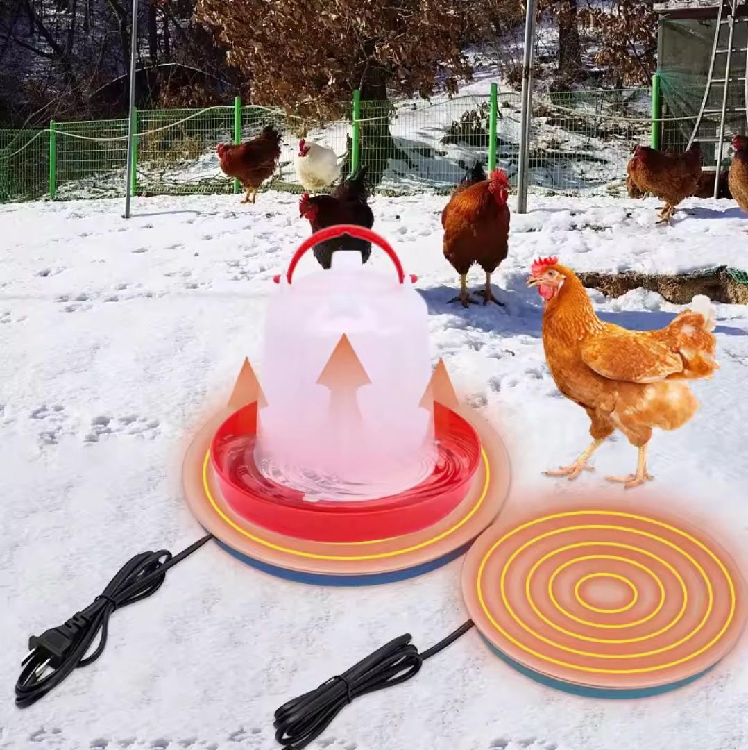 Heated base for poultry chicken drinker by AxiaTool, designed for winter use in outdoor chicken coops.
