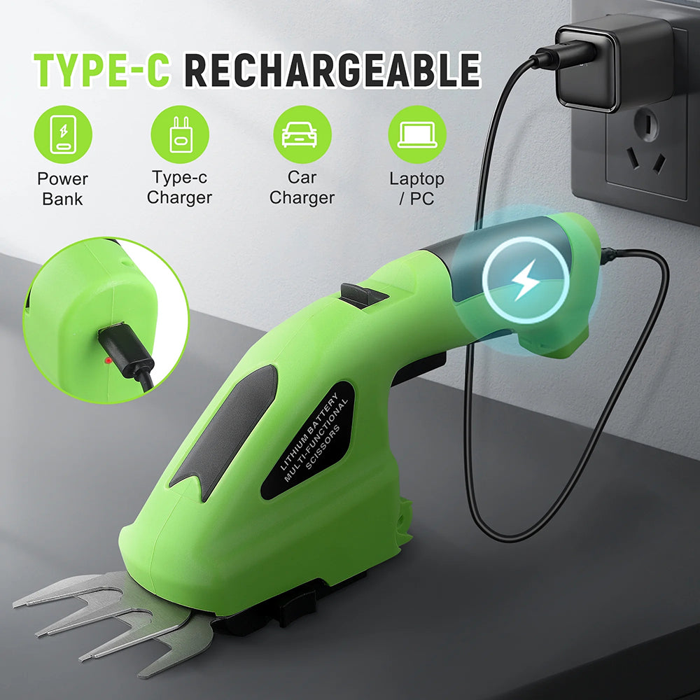 Green rechargeable tool with charging cable and power bank adapter on a gray background