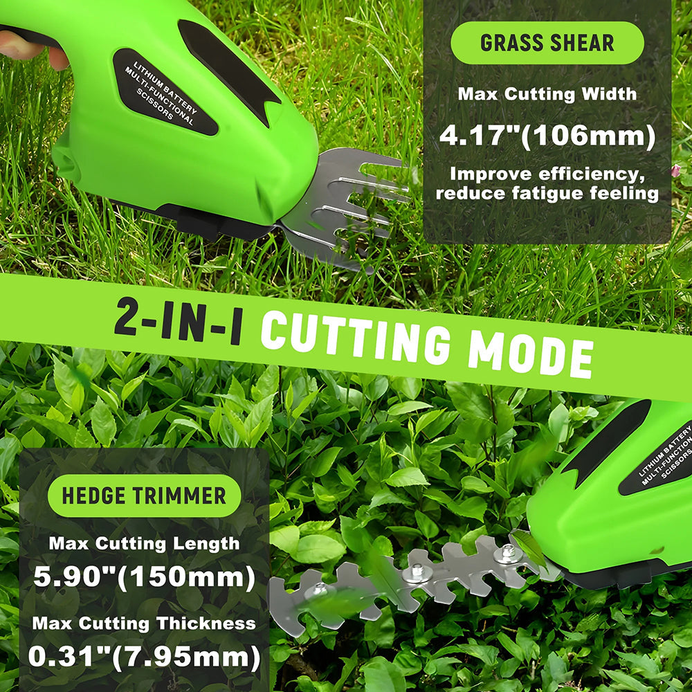 Green grass shear and hedge trimmer on grass with text detailing features.