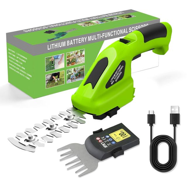 Green lithium battery multi-functional scissors with accessories and packaging on a white background