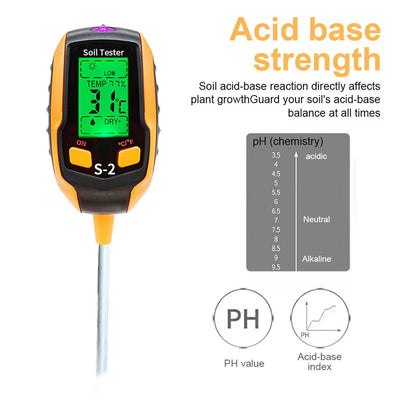 AxiaTool 6 in 1 digital soil tester with battery, displaying sensors and screen for garden soil analysis.