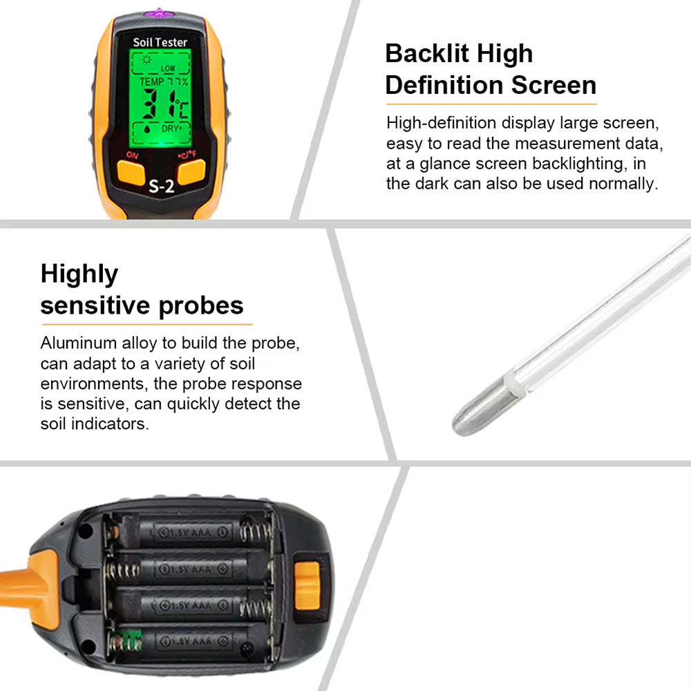 AxiaTool 6 in 1 digital soil tester with battery, featuring a sleek design for measuring moisture, pH, and light levels.