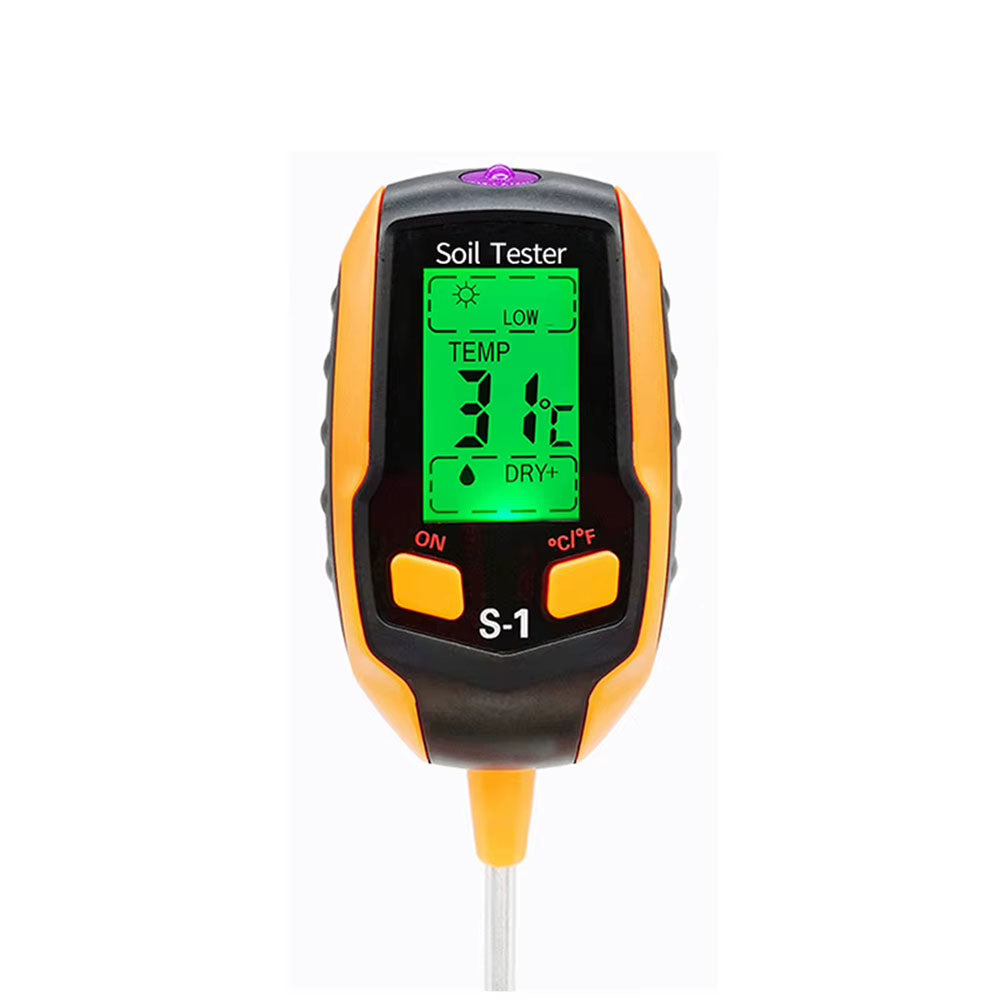 AxiaTool 6 in 1 digital soil tester with battery, featuring display and probes for measuring moisture and pH levels.