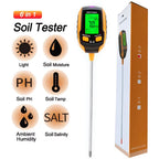 AxiaTool 6 in 1 digital soil tester with battery, displaying sensors and readings for moisture, pH, and sunlight levels.