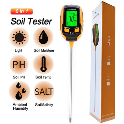 AxiaTool 6 in 1 digital soil tester with battery, displaying sensors and readings for moisture, pH, and sunlight levels.