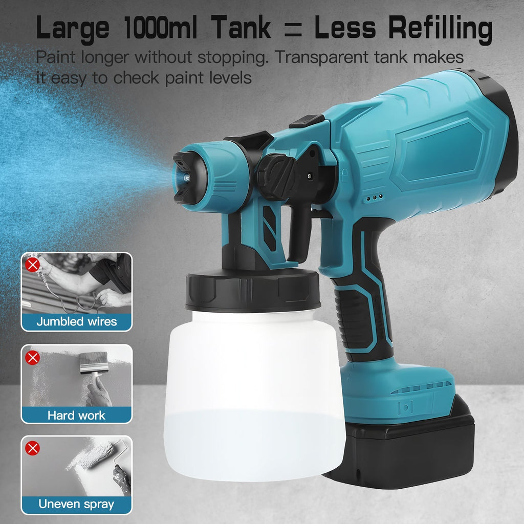 AxiaTool cordless high power paint sprayer for DIY projects on various surfaces, showcasing its sleek design and nozzle.