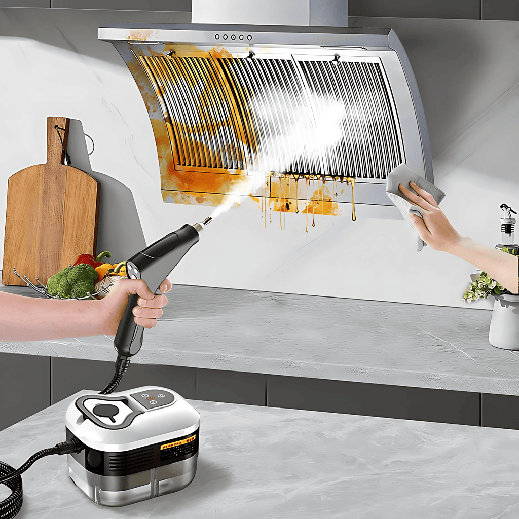 AxiaTool 2500W multi-head high-pressure steam cleaner with various attachments on a clean surface.