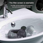 Filter screen for a faucet being washed in a sink with text indicating it is washable and environmentally friendly.