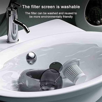 Filter screen for a faucet being washed in a sink with text indicating it is washable and environmentally friendly.