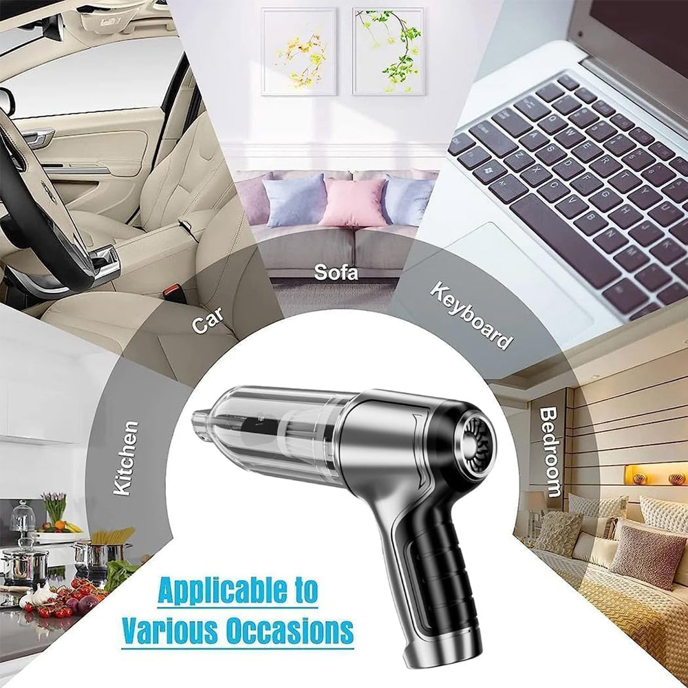 Multifunctional handheld vacuum cleaner with various application scenarios including car, kitchen, sofa, keyboard, and bedroom.