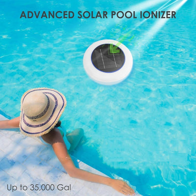 Solar pool ionizer floating in a pool with a person relaxing nearby.