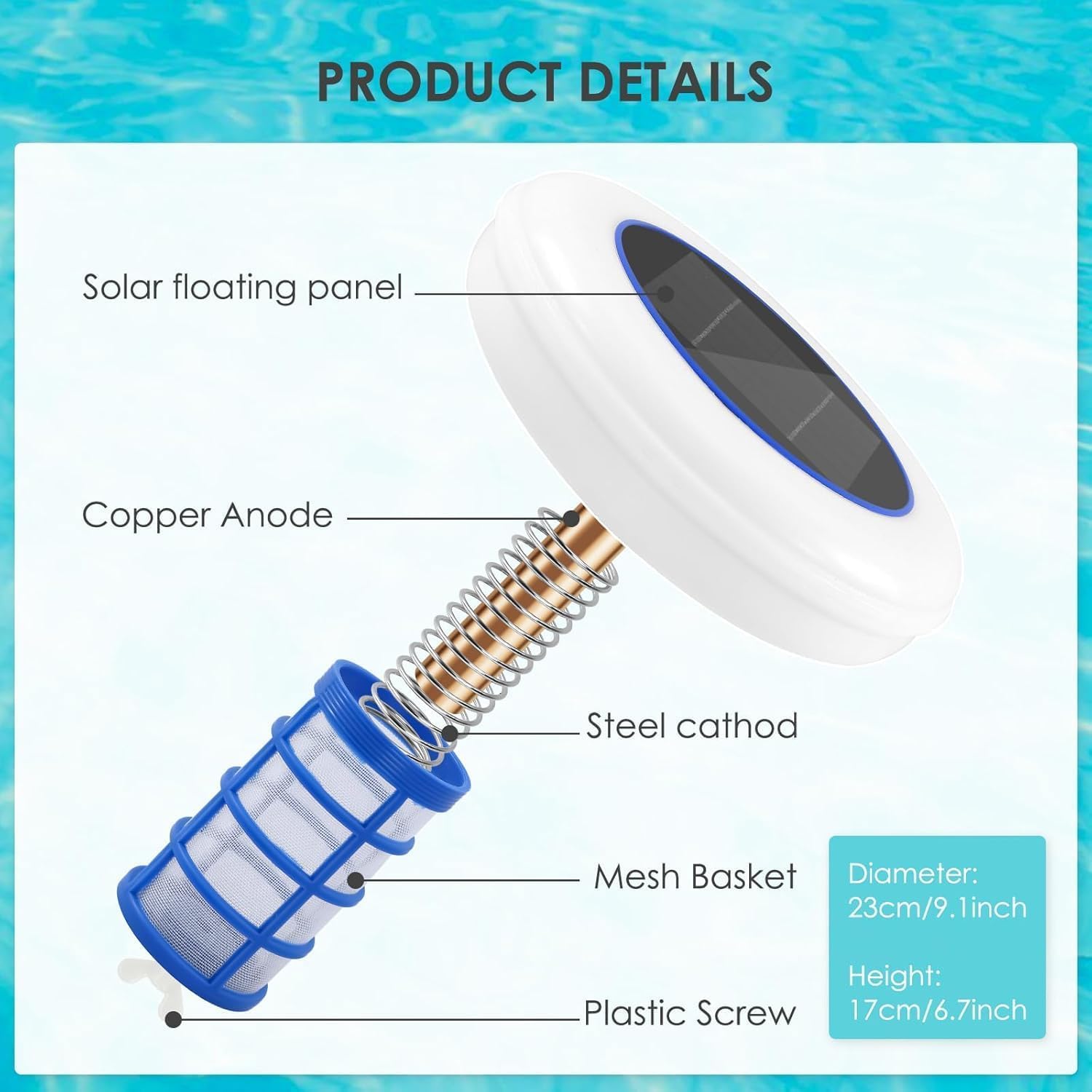 Diagram of a pool cleaning device with labeled parts against a pool background