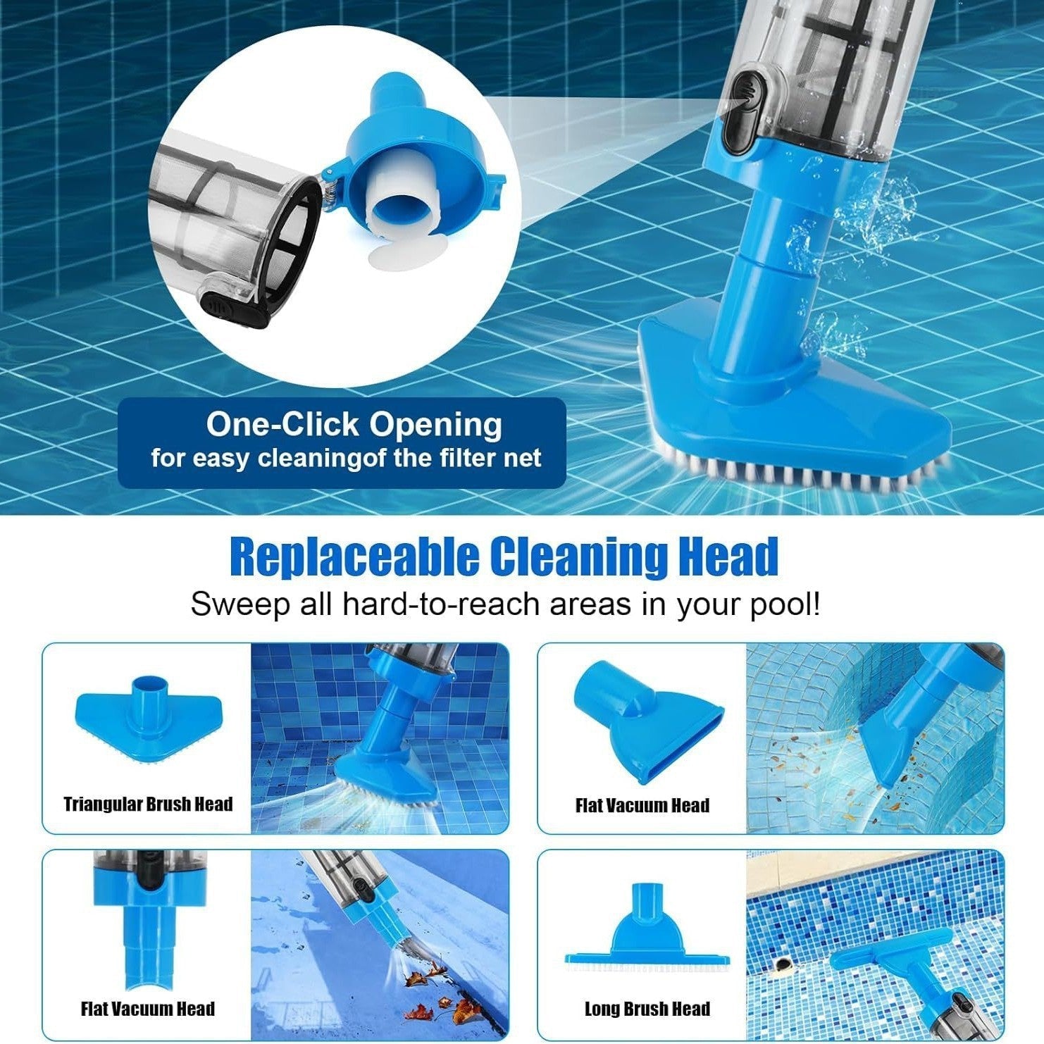 AxiaTool cordless pool vacuum with telescopic pole, designed for cleaning above ground pools and hot tubs.