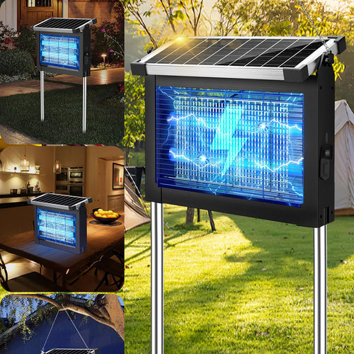 Solar-powered outdoor light with multiple usage scenarios including garden, kitchen, and poolside.