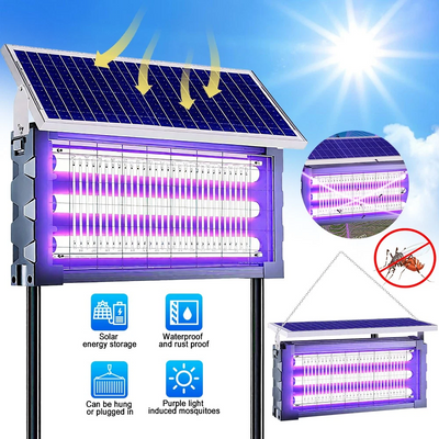 Solar-powered insect killer with purple light on a blue sky background