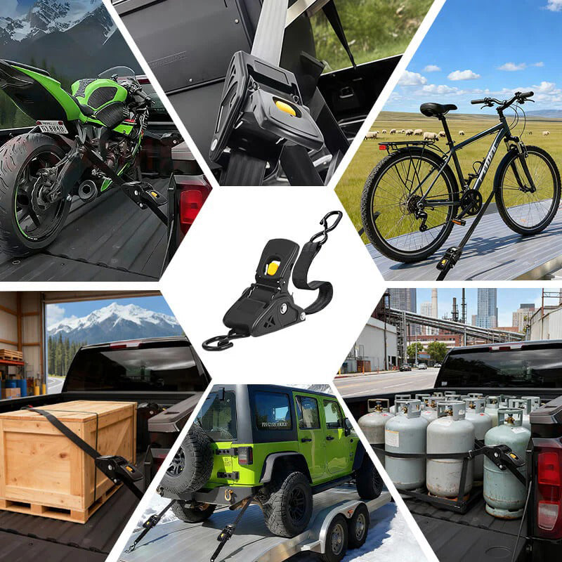 AxiaTool 2 inch auto self-retractable ratchet straps in use, demonstrating easy securing of cargo.