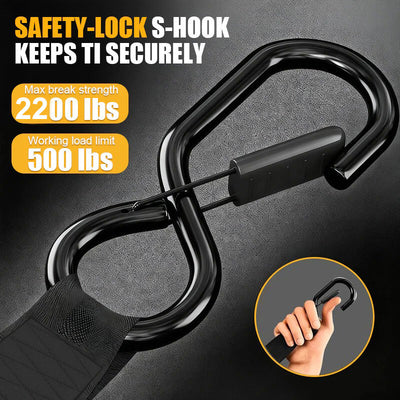 AxiaTool 2-inch auto self-retractable ratchet straps with safety lock, showcasing durable material and strong hook attachment.