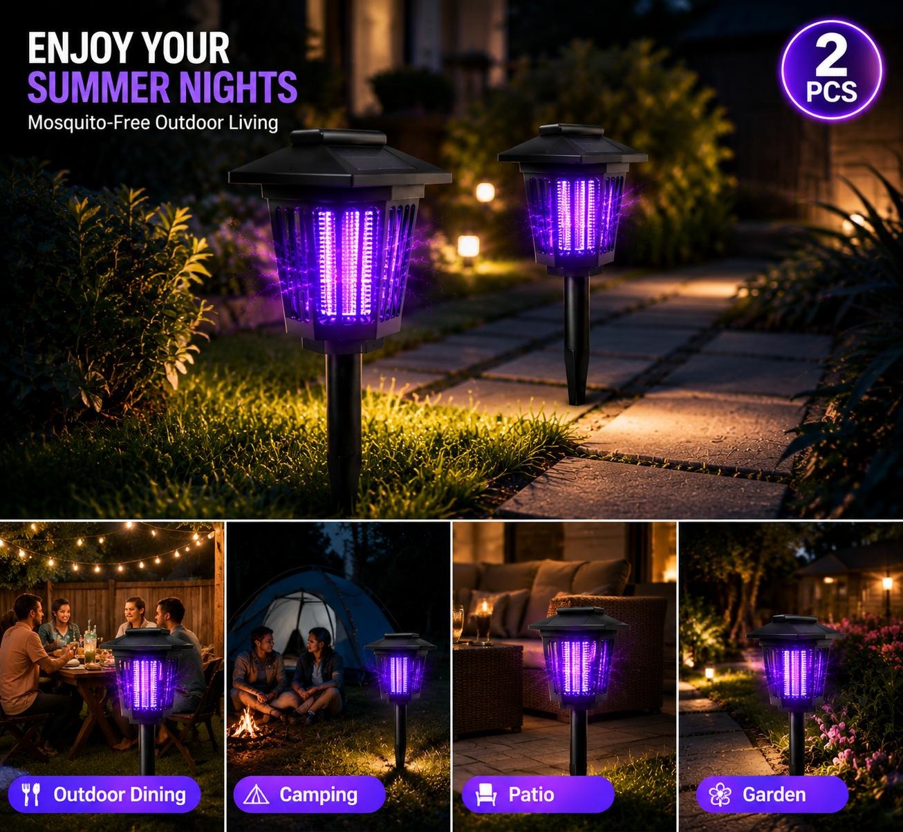 2 Pcs Smart Cordless Solar Dual-Mode Garden Zapper